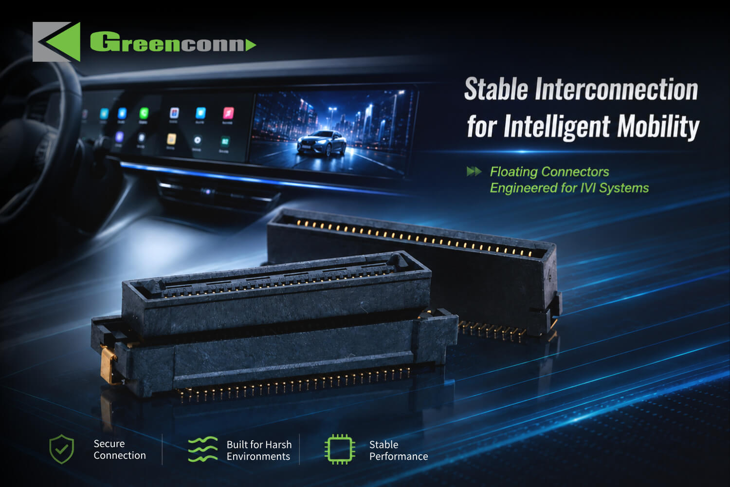 Floating connectors support stable interconnection in automotive infotainment systems
