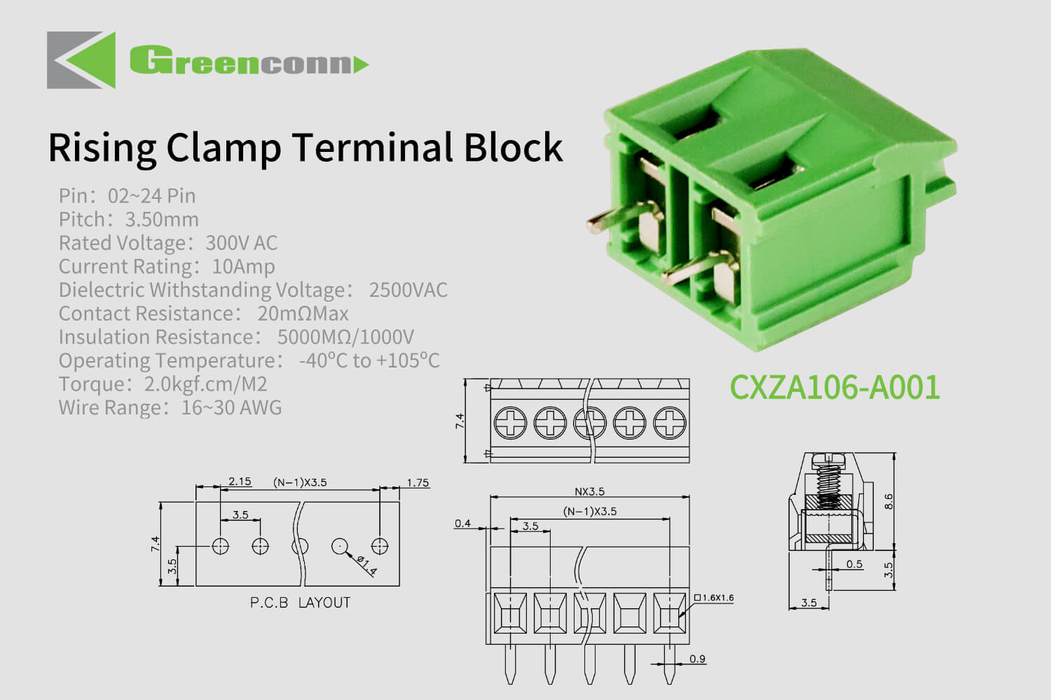 Greenconn Rising Clamp Terminal Block CXZA106 Series